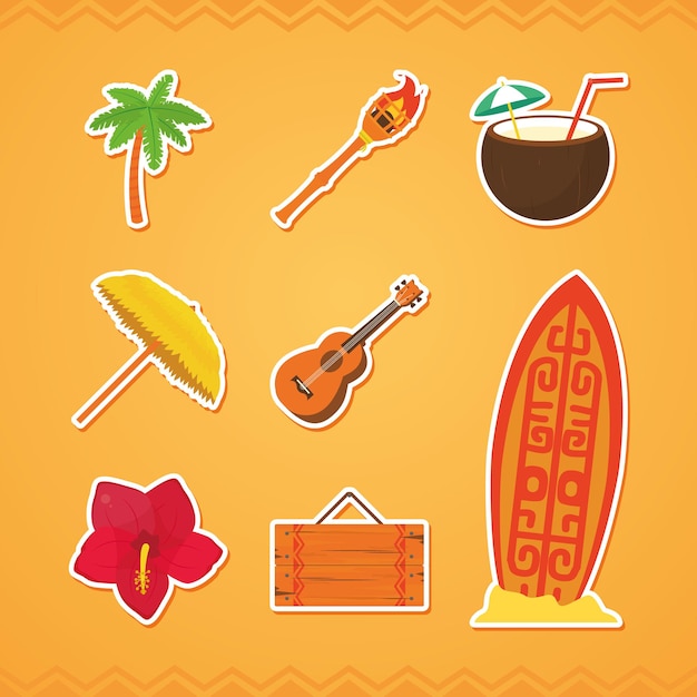 Conjunto de ícones havaianos e de praia
