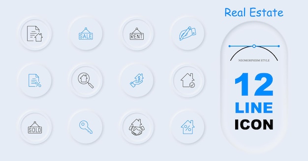 Vetor conjunto de ícones imobiliários documento verificação de arrendamento de casa marcação de venda taxa de juro hipoteca vendida lupa busca de local de residência adequado neomorfismo chave conceito de imóveis