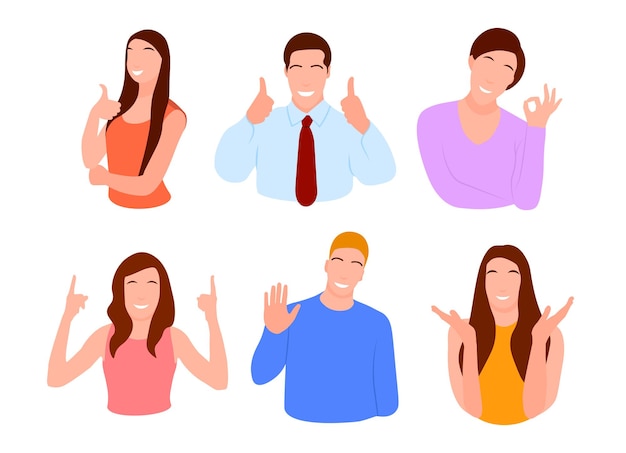 Conjunto de ícones isolados de pessoas com diferentes gestos de mão sinais