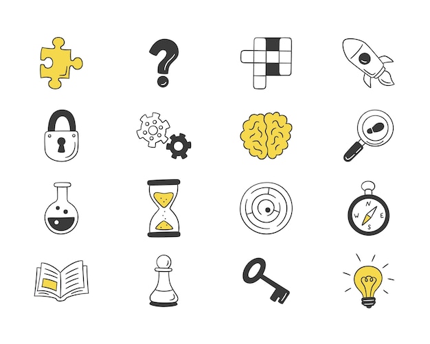 Conjunto de ícones isolados desenhados à mão de quebra-cabeças e enigmas