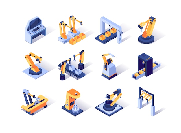 Conjunto de ícones isométrica de indústria de robotização.