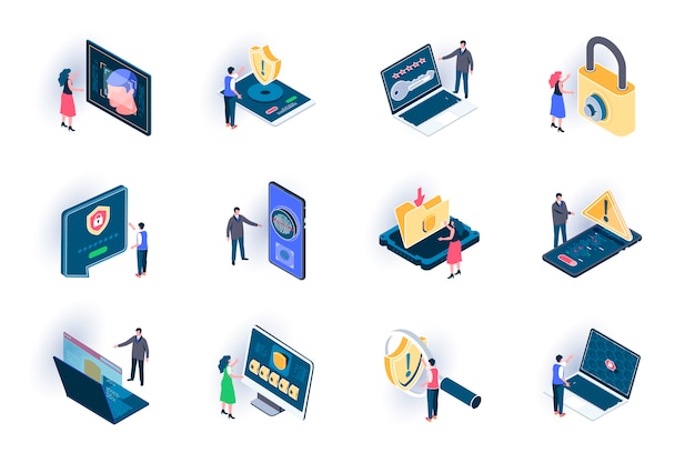 Conjunto de ícones isométrica de segurança cibernética. seguro de ilustração plana de informações. privacidade na internet, acesso por senha, firewall e identificação de pictogramas de isometria 3d com caracteres de pessoas.