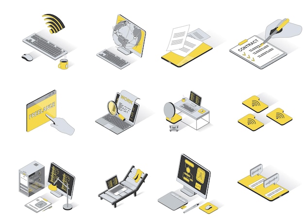 Conjunto de ícones isométricos 3d de conceito freelance Pack elementos de design de isometria de internet global on-line
