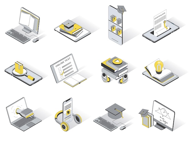 Conjunto de ícones isométricos 3d de educação on-line pacote de elementos de leitura de ebooks aprendizagem de biblioteca on-line