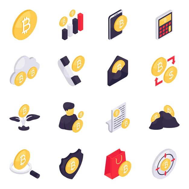 Conjunto de ícones isométricos de Bitcoin