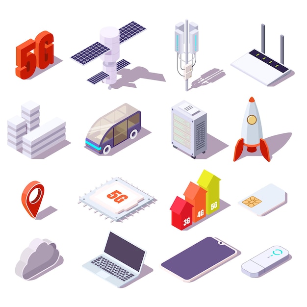 Conjunto de ícones isométricos de rede celular 5g, ilustração em vetor plana isolada. Satélite, torre de comunicação, data center, roteador, smartphone, laptop, carro, foguete. Internet sem fio de alta velocidade.