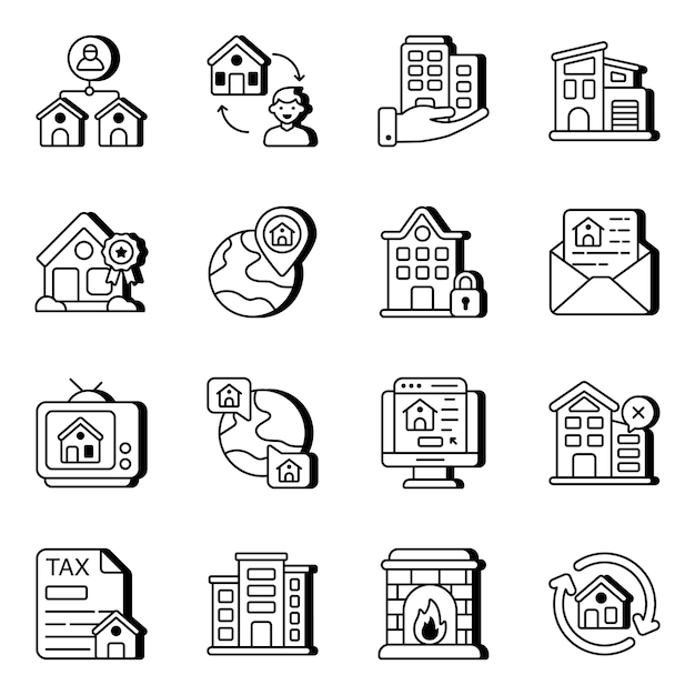 Conjunto de ícones lineares de edifícios