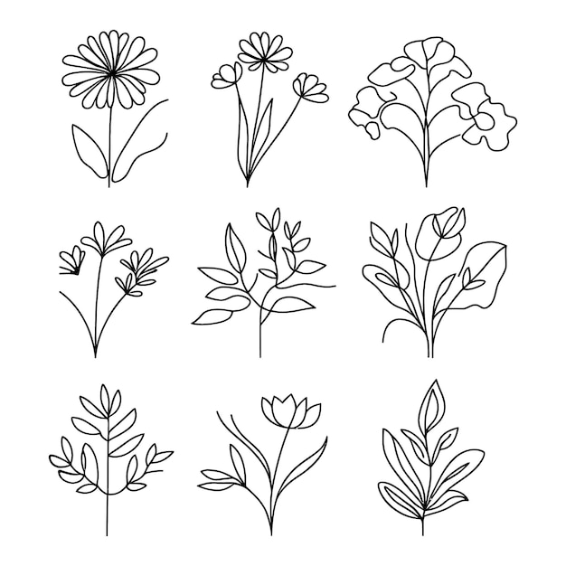 conjunto de ícones lineares de flores e plantas ilustração vetorial
