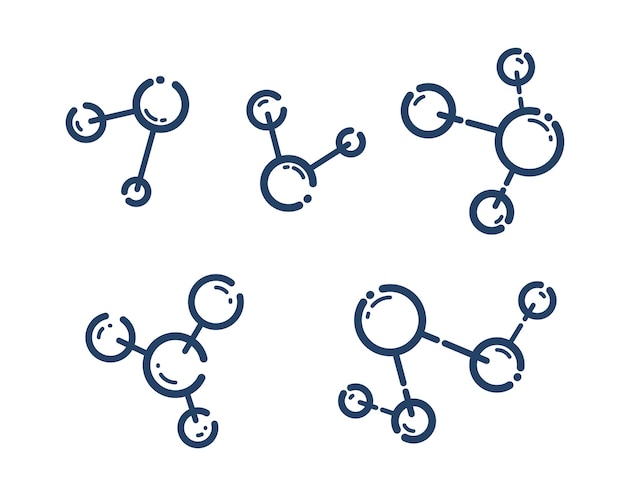 Conjunto de ícones lineares de vetor de molécula, coleção de símbolos de arte de linha de química científica e física.