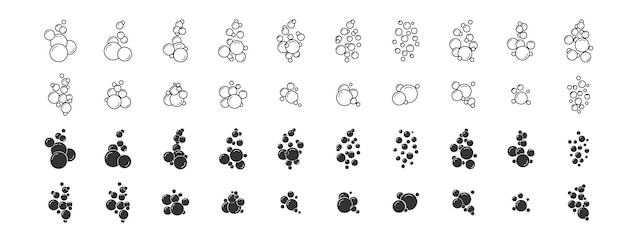 Vetor conjunto de ícones lineares planos com bolhas espuma de sabão bebida gaseificada bolha de oxigênio conjunto de silhueta e