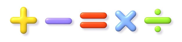 Vetor conjunto de ícones matemáticos 3d aritmética multicolorida mais menos igual a multiplicar e dividir sinais