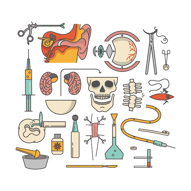 Conjunto de ícones médicos, ilustração de contorno. orelha, tesoura, olho, injeção, cérebro, crânio, osso, ferida, dente, pomada, operação, bisturi, comprimido, contador de gotas