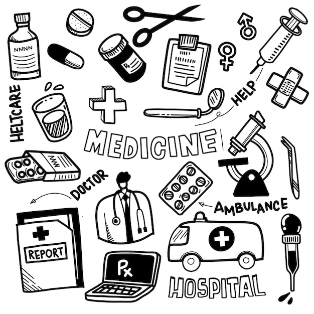 Conjunto de ícones médicos no estilo doodle.