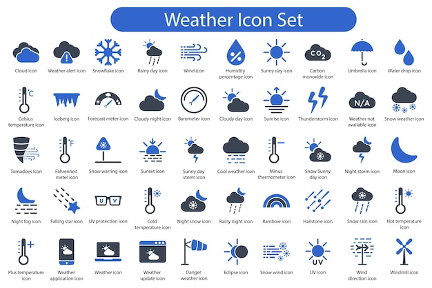 Conjunto de ícones meteorológicos azuis