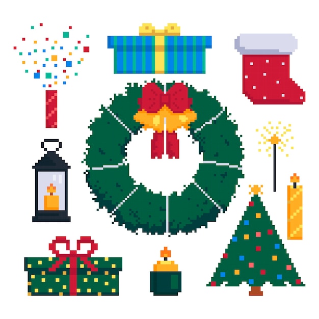 Conjunto de ícones para decoração de natal gráficos de 8 bits para jogos ilustração vetorial no estilo pixel art