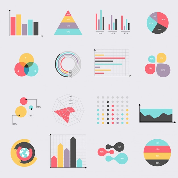 conjunto de ícones plana de diagramas e gráficos de tabelas