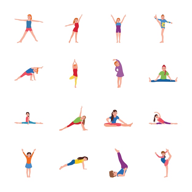 Conjunto de ícones plana de ginástica para crianças