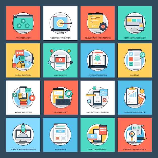 Conjunto de ícones plana SEO e desenvolvimento