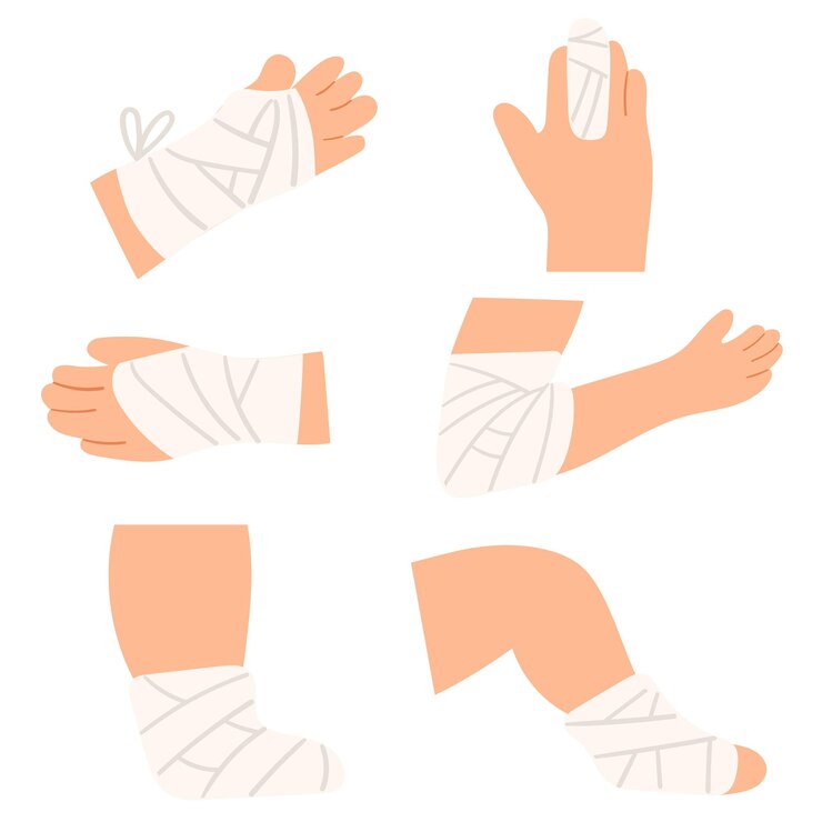 Vetor conjunto de ícones planos. atadura nas mãos, pernas, braços. ilustrações em fundo branco.