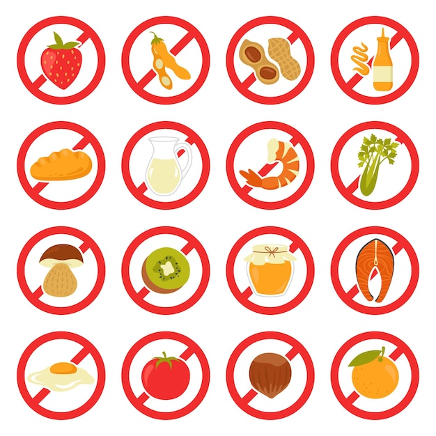 Vetor conjunto de ícones planos de alimentos alergênicos nutrição balanceada proibição de frutas e produtos lácteos alergia a nozes mel de morango