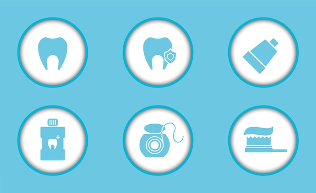 Conjunto de ícones planos de odontologia, forma redonda, cuidados com os dentes saudáveis.