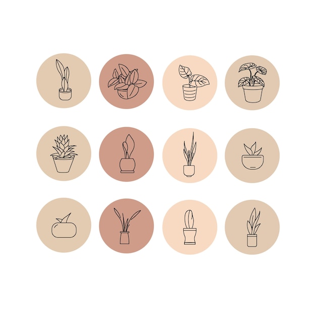Conjunto de ícones planos de plantas em maconha, estilo de contorno de flores de jardim