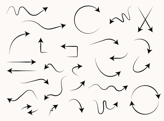 Vetor conjunto de ícones planos de setas pretas diferentes