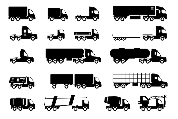 Vetor conjunto de ícones planos vetoriais diferentes tipos de caminhões