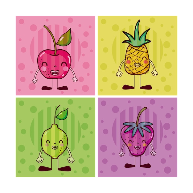 Conjunto de ícones quadrados de giro frutas cartoons