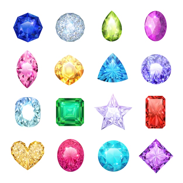 Vetor conjunto de ícones realista de gem com diferentes tamanhos e cores rubi diamante safira ilustração vetorial