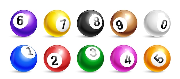 Bolas de loteria de bingo com números de zero a nove. conjunto realista de  vetor de bolas de cores brilhantes para o jogo de loto keno ou bilhar. 3d  esferas brilhantes para