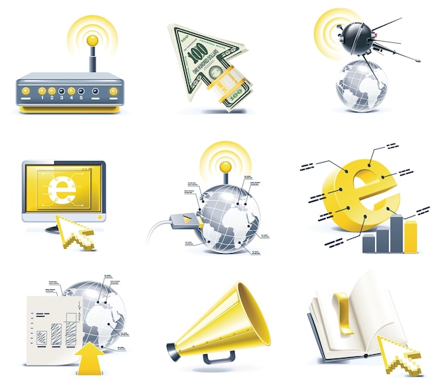 Vetor conjunto de ícones relacionados à internet nas cores cinza e amarelo