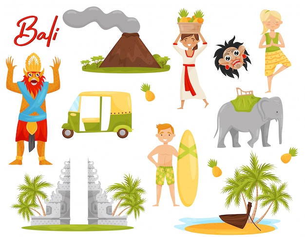 Conjunto de ícones relacionados ao tema de bali. vulcão, monumento histórico, transporte, criatura mítica