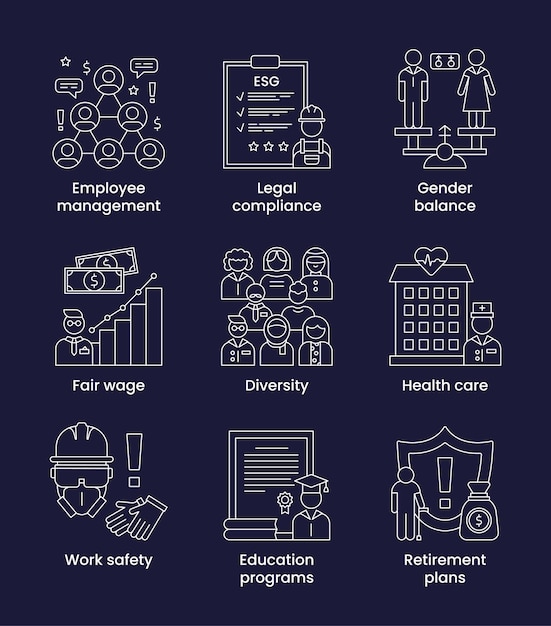 Conjunto de ícones social esg conceito ícones com legendas ilustração vetorial isolada em um fundo escuro