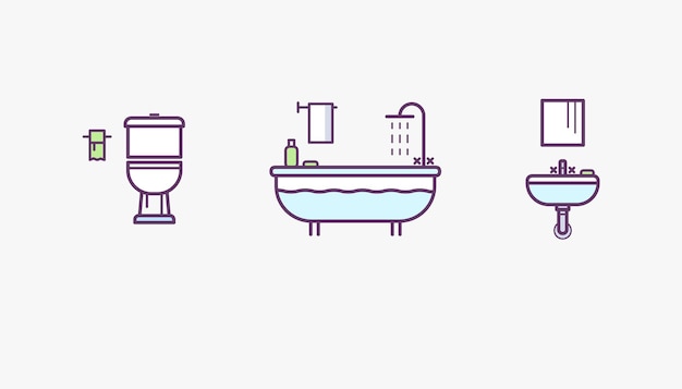 Vetor conjunto de ícones vetoriais de banheiro no estilo da linha art banheiro chuveiro lavatório