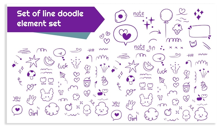 Vetor conjunto de ícones vetoriais de elementos de doodle de linha