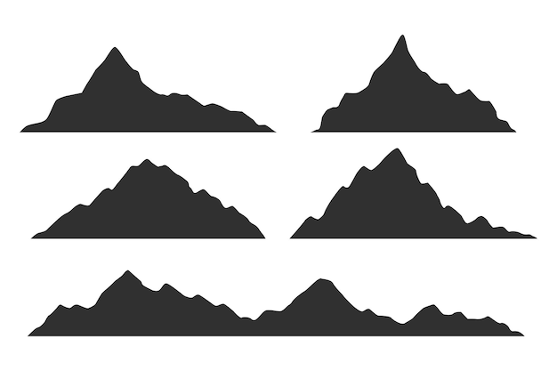 Conjunto de ícones vetoriais de silhueta preta de montanhas isolados em um fundo branco