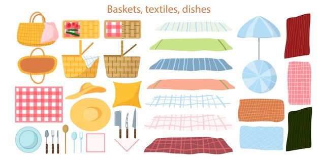 Conjunto de ícones vetoriais piquenique cesta de piquenique cobertores guarda-sol chapéu de palha pratos garfo facas de cozinha colher pratos