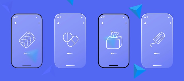Conjunto de ícones vetoriais que representam produtos de higiene pessoal Higiene, limpeza, sabonete para cuidados pessoais, estilo Glassmorphism, tela de aplicativo de telefone Ui