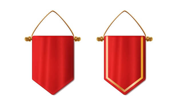 Conjunto de ícones vetoriais realistas galhardete pendurado vermelho com e sem bandeira de bandeira pendurada em ouro