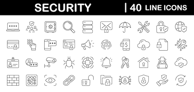 Conjunto de ícones web de segurança em estilo de linha ícones de segurança cibernética e proteção da internet para web e aplicativo móvel sistema de segurança de senha impressão digital espião chave eletrônica e mais ilustração vetorial