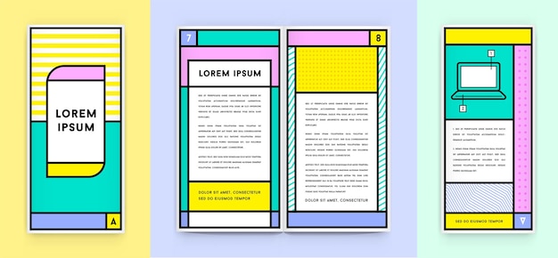 Conjunto de identidade visual em design geométrico de estilo de linha gorda na moda em estilo retrô com cores frescas da velha escola com nomes e texto fictícios