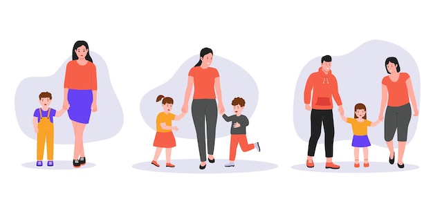 Conjunto de ilustração bonito dos desenhos animados de pais com criança