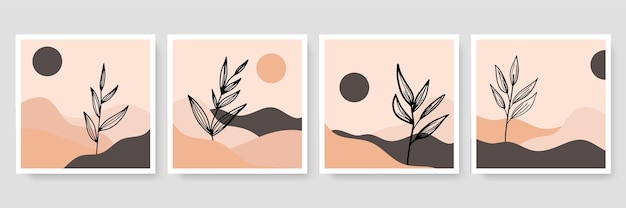 Conjunto de ilustração botânica minimalista da moda como composições de arte de linha abstrata com folhas, pôster de arte de parede moderna
