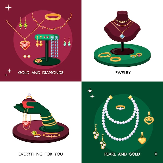 Conjunto de ilustração de acessórios de joias. Joias caras feitas de ouro e pedras preciosas colares com pérolas colar de topázio elegantes tesouros vintage com esmeraldas e safiras.