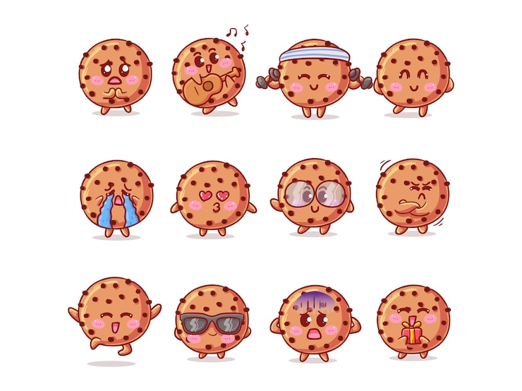 Conjunto de ilustração de adesivos de biscoitos de chocolate fofos e Kawaii com várias atividades e expressões para mascote