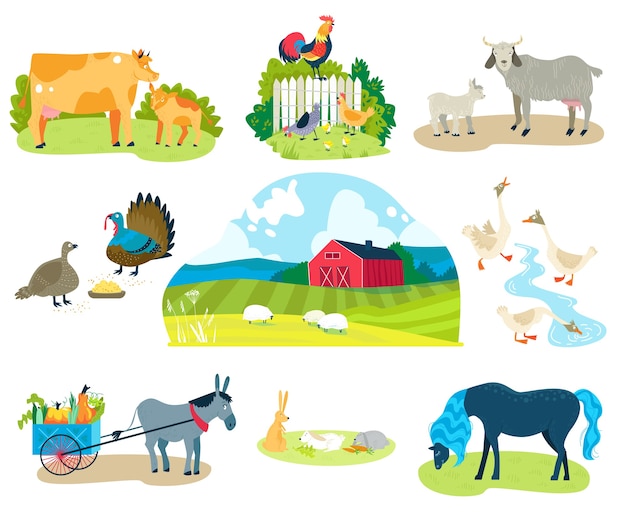 Vetor conjunto de ilustração de animais de fazenda