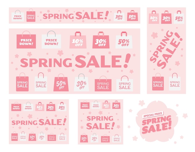 Conjunto de ilustração de banner do saco de papel rosa da venda de primavera