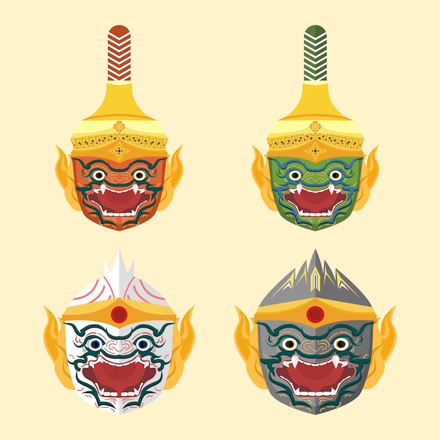 Conjunto de ilustração de cabeça de macaco tailandês khon