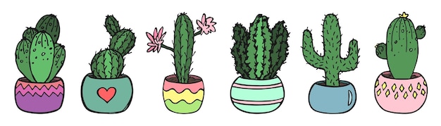 Vetor conjunto de ilustração de cactos desenhados à mão planta de casa em um pote clipart doodle doméstico acolhedor